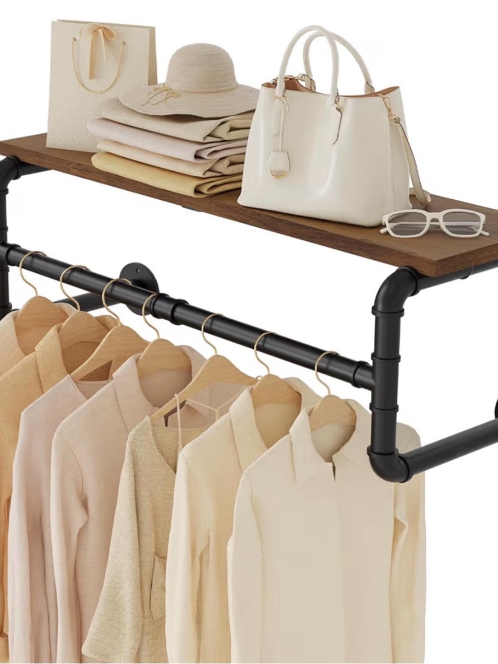 NEW Industrial Pipe Wall-Mounted Black Metal & Wood Shelf